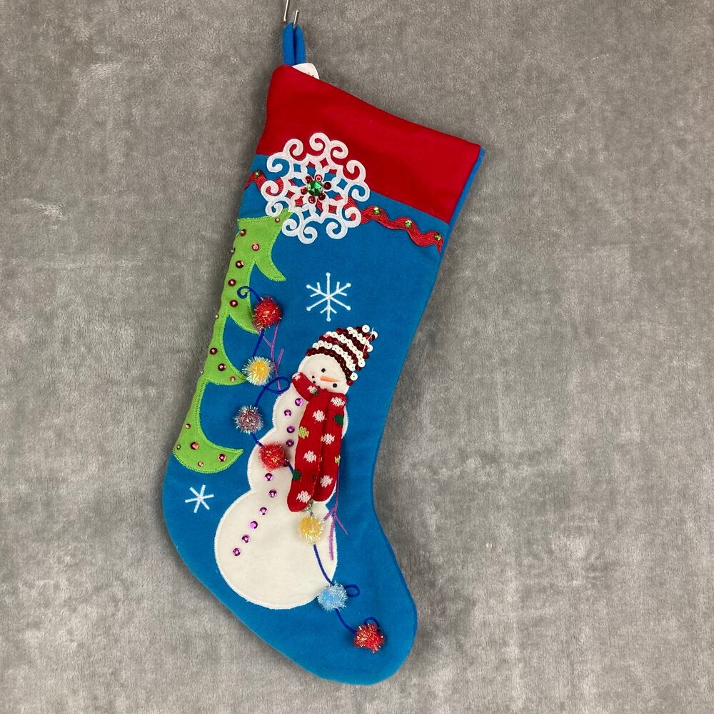Pier 1 Import Snowman Christmas Felt Stocking Blue Applique Sequins Embellished